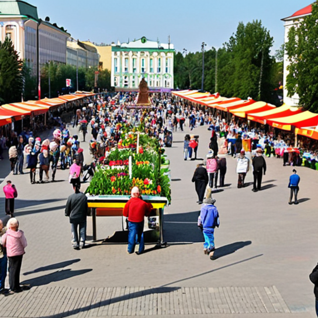 ** A bustling town square in a Russian city. Focus on the vibrancy of local life: street vendors, families enjoying leisure time, well-maintained public spaces. The scene should evoke a sense of community and autonomy, showcasing the benefits of effective local self-governance. Consider incorporating elements like a freshly renovated park, a well-attended local festival, or citizens actively participating in a town hall meeting.

**