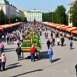 ** A bustling town square in a Russian city. Focus on the vibrancy of local life: street vendors, families enjoying leisure time, well-maintained public spaces. The scene should evoke a sense of community and autonomy, showcasing the benefits of effective local self-governance. Consider incorporating elements like a freshly renovated park, a well-attended local festival, or citizens actively participating in a town hall meeting.

**