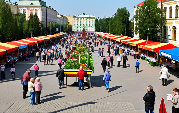 ** A bustling town square in a Russian city. Focus on the vibrancy of local life: street vendors, families enjoying leisure time, well-maintained public spaces. The scene should evoke a sense of community and autonomy, showcasing the benefits of effective local self-governance. Consider incorporating elements like a freshly renovated park, a well-attended local festival, or citizens actively participating in a town hall meeting.
**