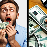 A side-by-side or split image. On the left: a stressed adult individual, looking frustrated, surrounded by a disorganized pile of paper bills and receipts. Ruble banknotes are visibly slipping through their open fingers, symbolizing money leaking away. The scene is messy and chaotic. On the right: the same individual, now calm and confident, is looking at a modern smartphone or tablet displaying a clear, intuitive budgeting app interface with graphs and categorized expenses. The background transitions from a messy desk to a clean, organized digital space. Style: Realistic, high detail, vibrant colors.