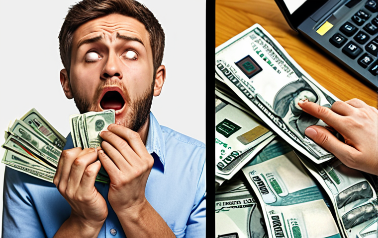 A side-by-side or split image. On the left: a stressed adult individual, looking frustrated, surrounded by a disorganized pile of paper bills and receipts. Ruble banknotes are visibly slipping through their open fingers, symbolizing money leaking away. The scene is messy and chaotic. On the right: the same individual, now calm and confident, is looking at a modern smartphone or tablet displaying a clear, intuitive budgeting app interface with graphs and categorized expenses. The background transitions from a messy desk to a clean, organized digital space. Style: Realistic, high detail, vibrant colors.