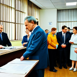 A group of patient and slightly weary adults in modest, professional, and business casual clothing, inside a bustling, slightly aged Russian government office, featuring long queues of diverse individuals patiently waiting. The scene includes an old counter, stacks of paper files, official signage in Russian Cyrillic script, and fluorescent lighting. The atmosphere conveys a sense of waiting and traditional bureaucracy. High-quality professional photography, detailed textures, natural pose, perfect anatomy, correct proportions, well-formed hands, proper finger count, natural body proportions, safe for work, appropriate content, fully clothed, professional, family-friendly.