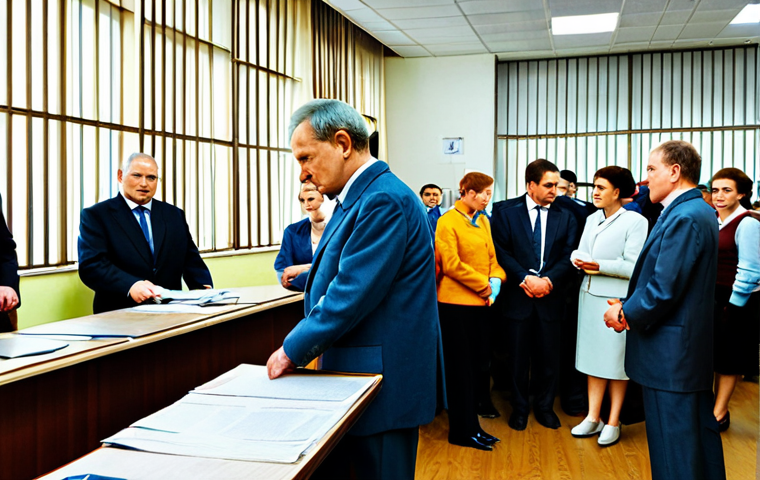 A group of patient and slightly weary adults in modest, professional, and business casual clothing, inside a bustling, slightly aged Russian government office, featuring long queues of diverse individuals patiently waiting. The scene includes an old counter, stacks of paper files, official signage in Russian Cyrillic script, and fluorescent lighting. The atmosphere conveys a sense of waiting and traditional bureaucracy. High-quality professional photography, detailed textures, natural pose, perfect anatomy, correct proportions, well-formed hands, proper finger count, natural body proportions, safe for work, appropriate content, fully clothed, professional, family-friendly.