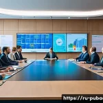 행정학과 정책 분석의 연계 - A detailed scene of a modern government office in Russia with multiple ministries collaborating on s...