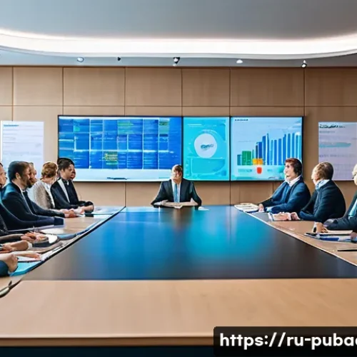 행정학과 정책 분석의 연계 - A detailed scene of a modern government office in Russia with multiple ministries collaborating on s...