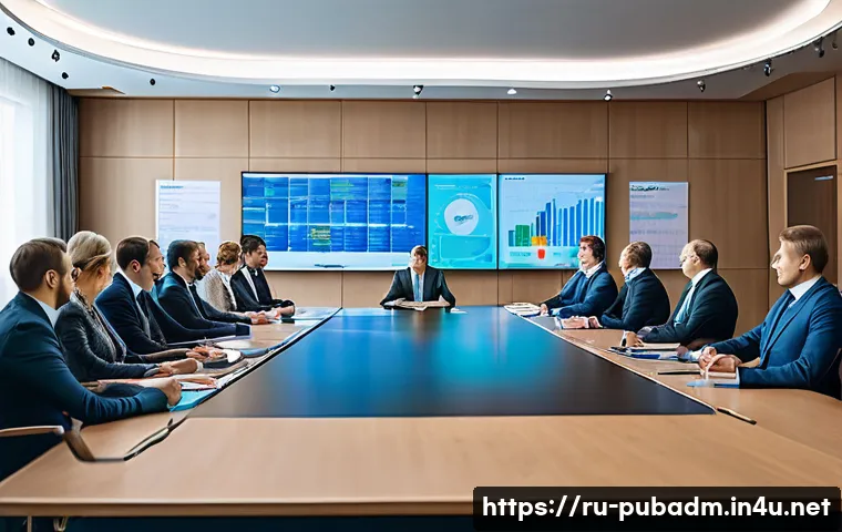 행정학과 정책 분석의 연계 - A detailed scene of a modern government office in Russia with multiple ministries collaborating on s...