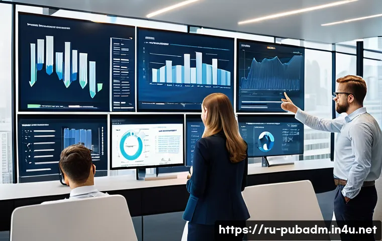 행정과 정책 효과 분석 - A modern government office setting showing a diverse team of professionals analyzing large digital d...