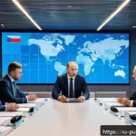 정책 분석의 이론적 접근 - A detailed scene of a modern political negotiation room in a sleek government building in Moscow, wi...