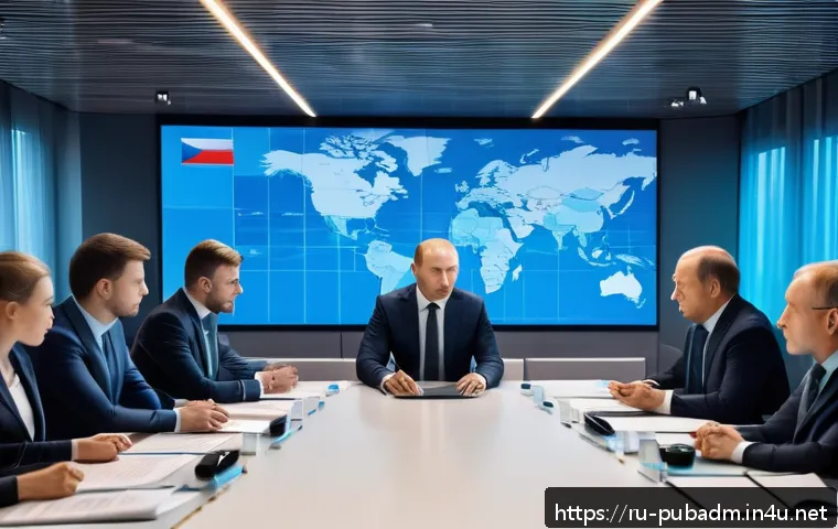 정책 분석의 이론적 접근 - A detailed scene of a modern political negotiation room in a sleek government building in Moscow, wi...